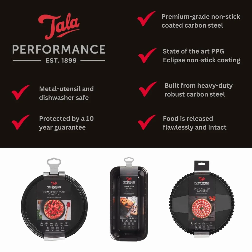 Tala Performance tortownica do ciasta, 25 cm, okrągła, stal węglowa o profesjonalnej grubości z powłoką zapobiegającą przywieraniu Eclipse, luźne dno, łatwa do odklejania, idealna do ciast i ciast