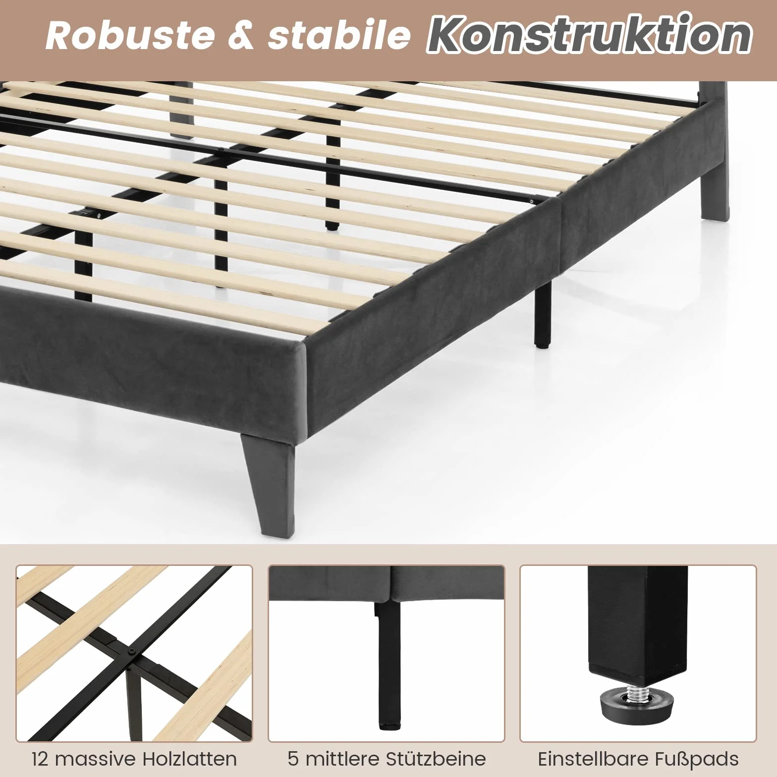 COSTWAY łóżko tapicerowane 200 x 180 cm, podwójne z podłokietnikiem i kratą, rama łóżka ze stelażem, łóżko platformowe dla dorosłych i młodzieży, wytrzymałość do 450 kg
