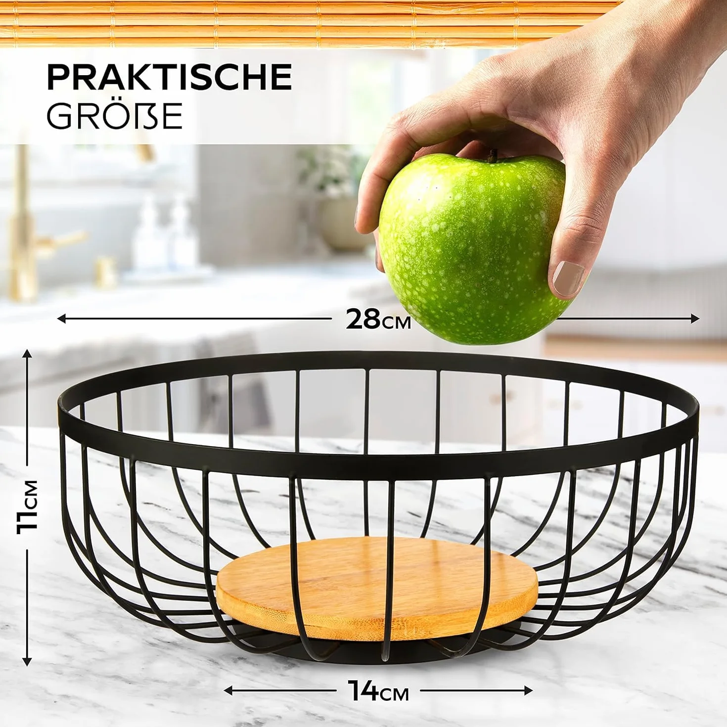 HIKITCHEN® Kosz na owoce – kosz na owoce – miska metalowa i bambusowa – miska na owoce do kuchni i gospodarstwa domowego – uchwyt na owoce (czarny)