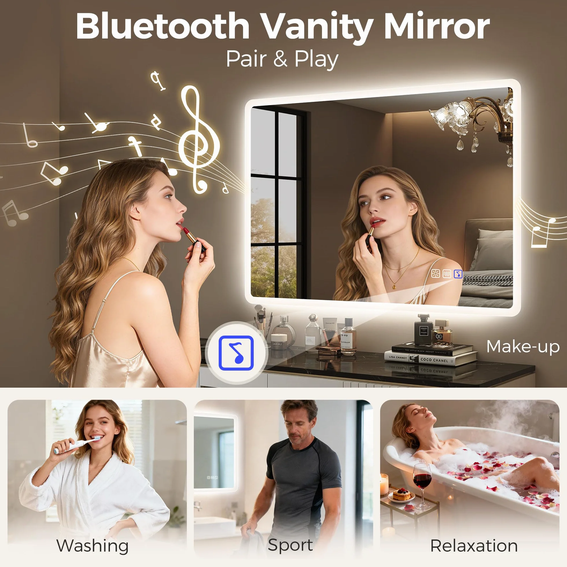 STARLEAD Lustro-łazienka ze światłem i Bluetooth 120x70cm, lusterka-duże z LED, przeciwmgielne, ściemniane, 3 kolory światła, pamięć, IP44, szkło hartowane HD, poziome/pionowe