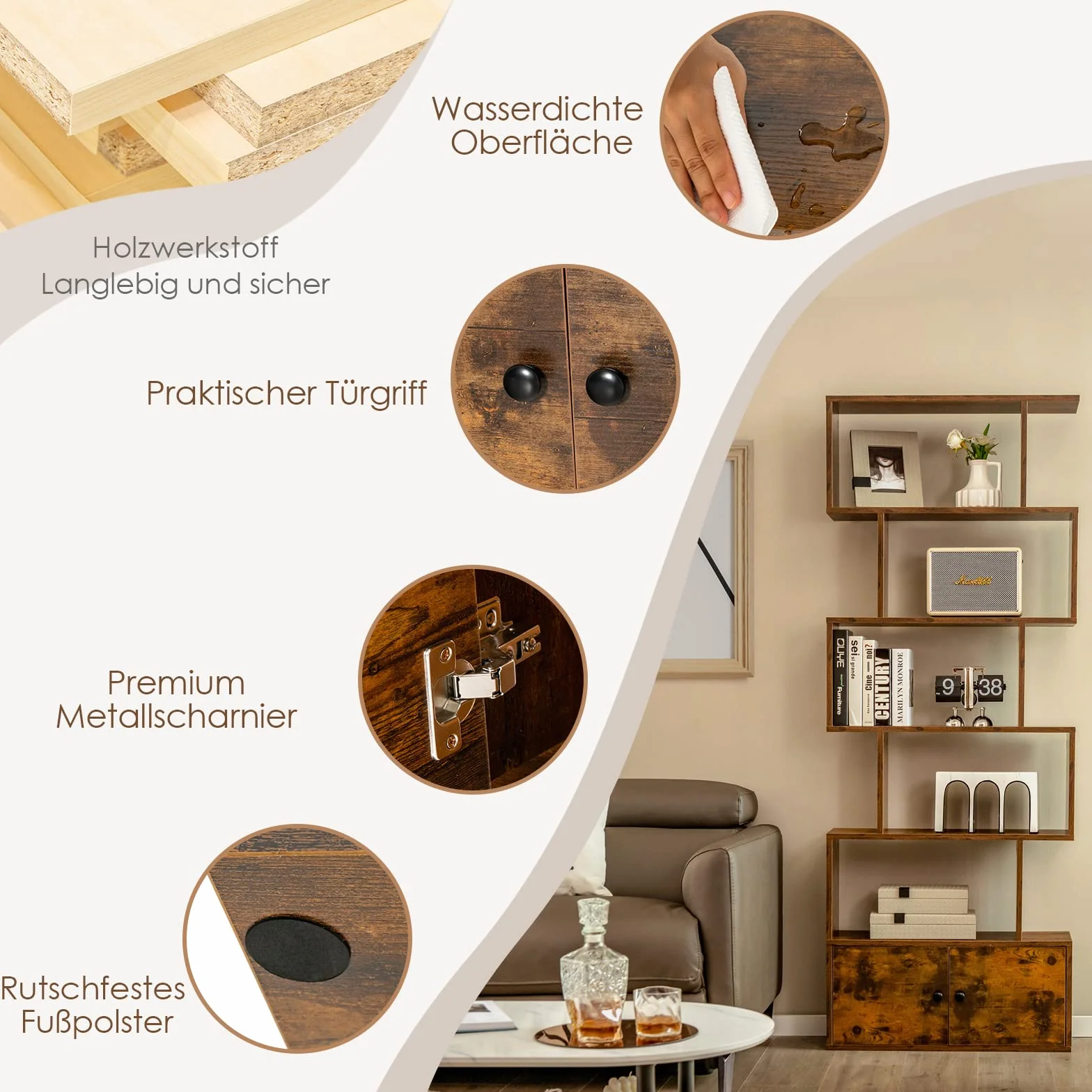 COSTWAY Regał na książki z drzwiami, regał stojący z 5 poziomami, ścianka działowa, regał biurowy z drewna, regał do przechowywania do salonu, sypialni, 183 x 70 x 23 cm (brązowy)