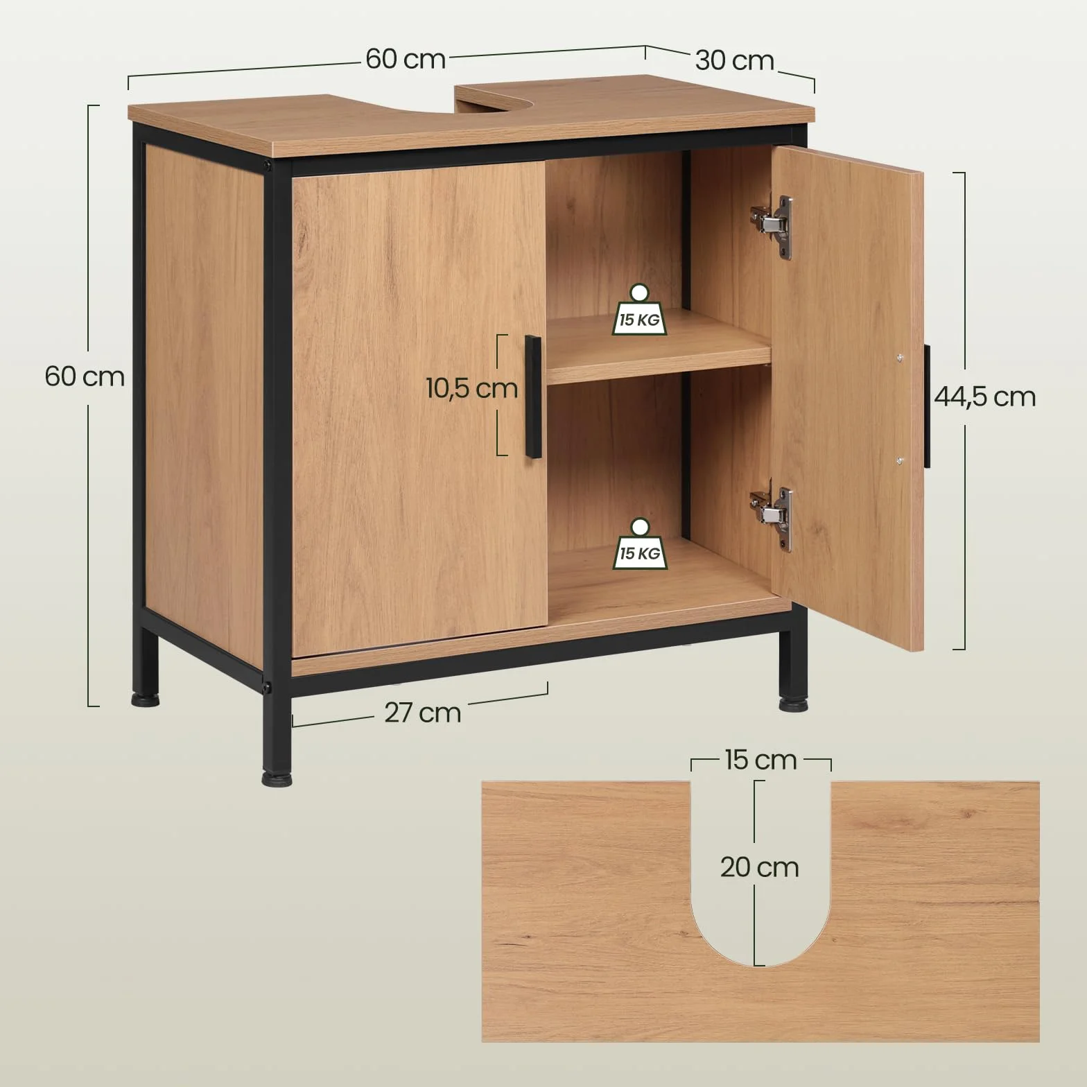 EUGAD Szafka pod umywalkę 60 x 60 x 30 cm, Szafka łazienkowa z regulowaną w wysokości przegrodą, Mała szafka łazienkowa wykonana z materiału drewnianego, Czarna