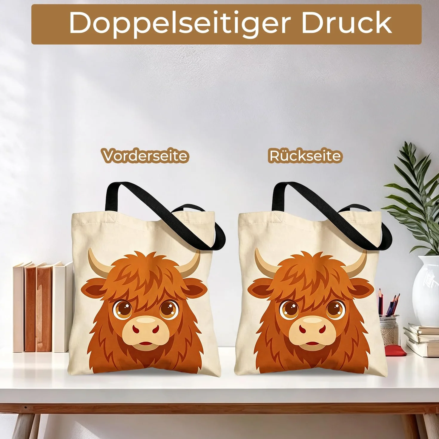 Onperpoe Torba materiałowa Highland Cow torba jutowa z nadrukiem z zapięciem na magnes, torba materiałowa Canvas Tote Bag szkocka wołowina górska torba na zakupy krowa Highland Prezenty Torba do