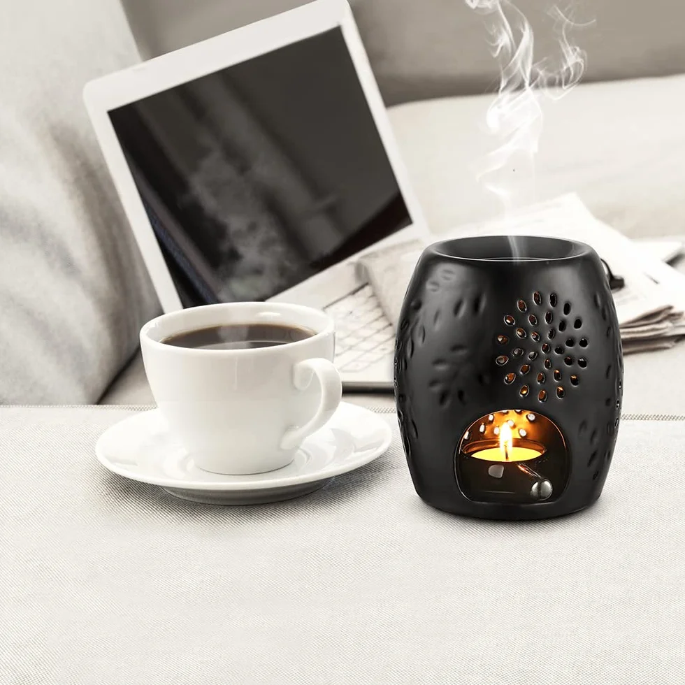 Ecooe aromatyczna lampa świecznik ceramiczny czarny z dyfuzorem aromatu łyżeczka do świec
