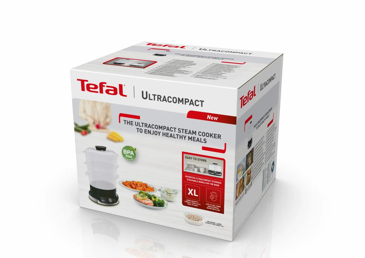 Tefal VC2048 Ultracompact parowar | system przechowywania w stos | zdrowe gotowanie | 3 nasadki bez BPA | timer 60-minutowy | napełnianie podczas gotowania | pojemność 9 l | w zestawie wkład do ryżu |