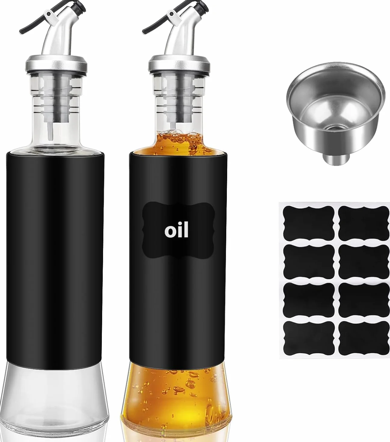 Zestaw dozowników oleju i octu ze stali nierdzewnej (2 sztuki, 300 ml) – w zestawie nalewak, etykieta i lejek – wysokiej jakości butelka na oliwę z oliwek z widocznym wskaźnikiem poziomu
