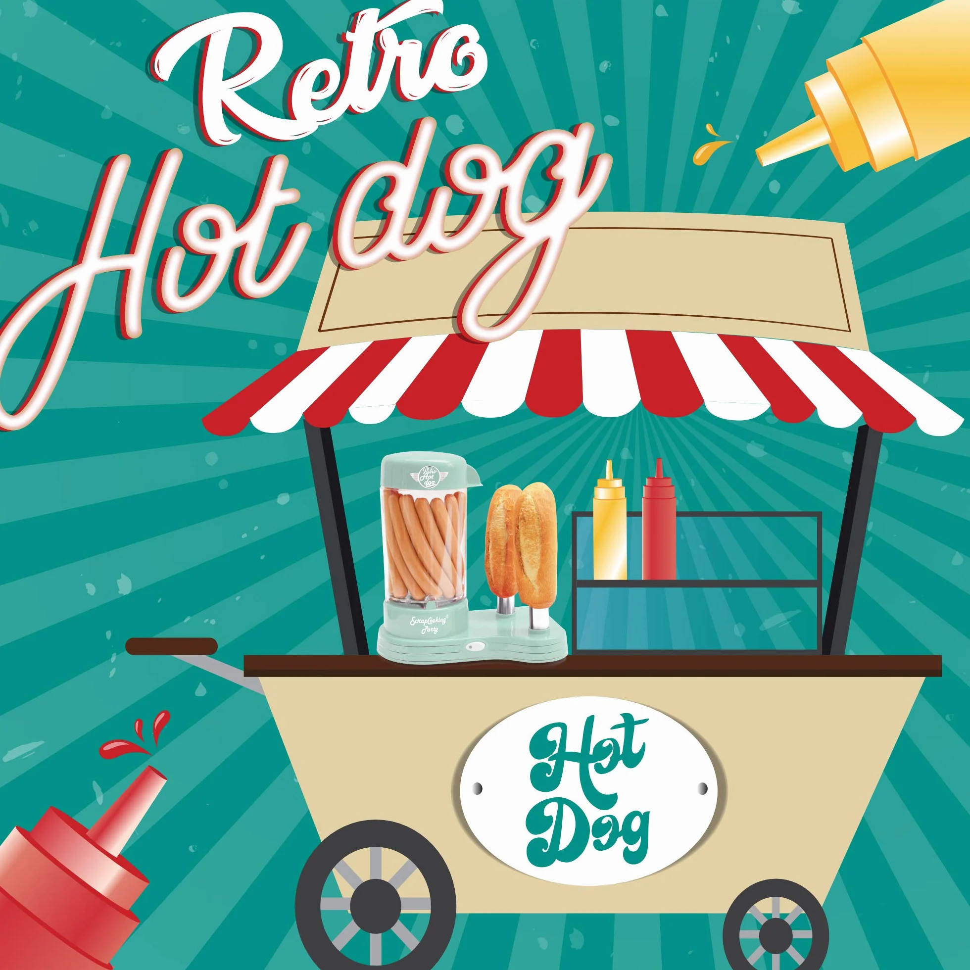 SCRAP COOKING 601 Hot Dogs maszyna na 12 kiełbasek i 2 chleba, styl retro, vintage, grillowanie, imprezy, karby, zielony, tworzywo sztuczne nadające się do kontaktu z żywnością, biała