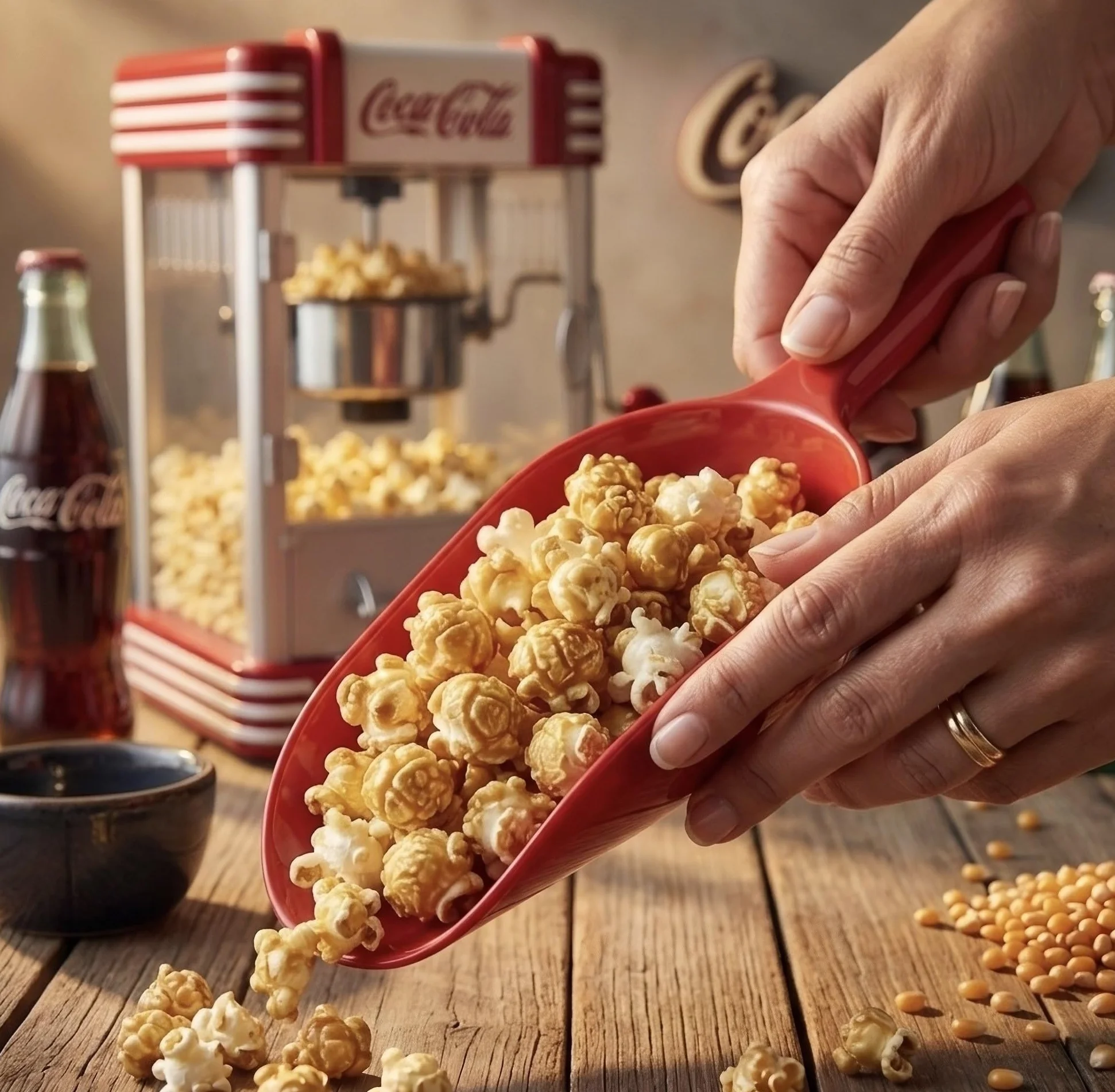 Salco Coca-Cola maszyna do popcornu – urządzenie do robienia popcornu w stylu retro w kolorze czerwonym (lata 50-tete), styl kinowy, czajnik ze stali nierdzewnej z powłoką zapobiegającą przywieraniu,