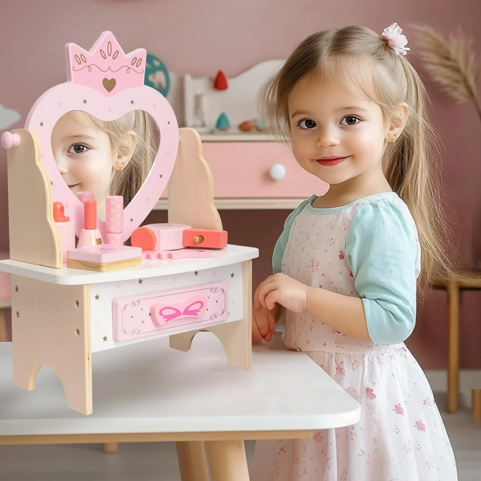 WOODENFUN Drewniana toaletka dla dziewczynek z akrylową szufladą i lustrem 360° 7 sztuk różowa