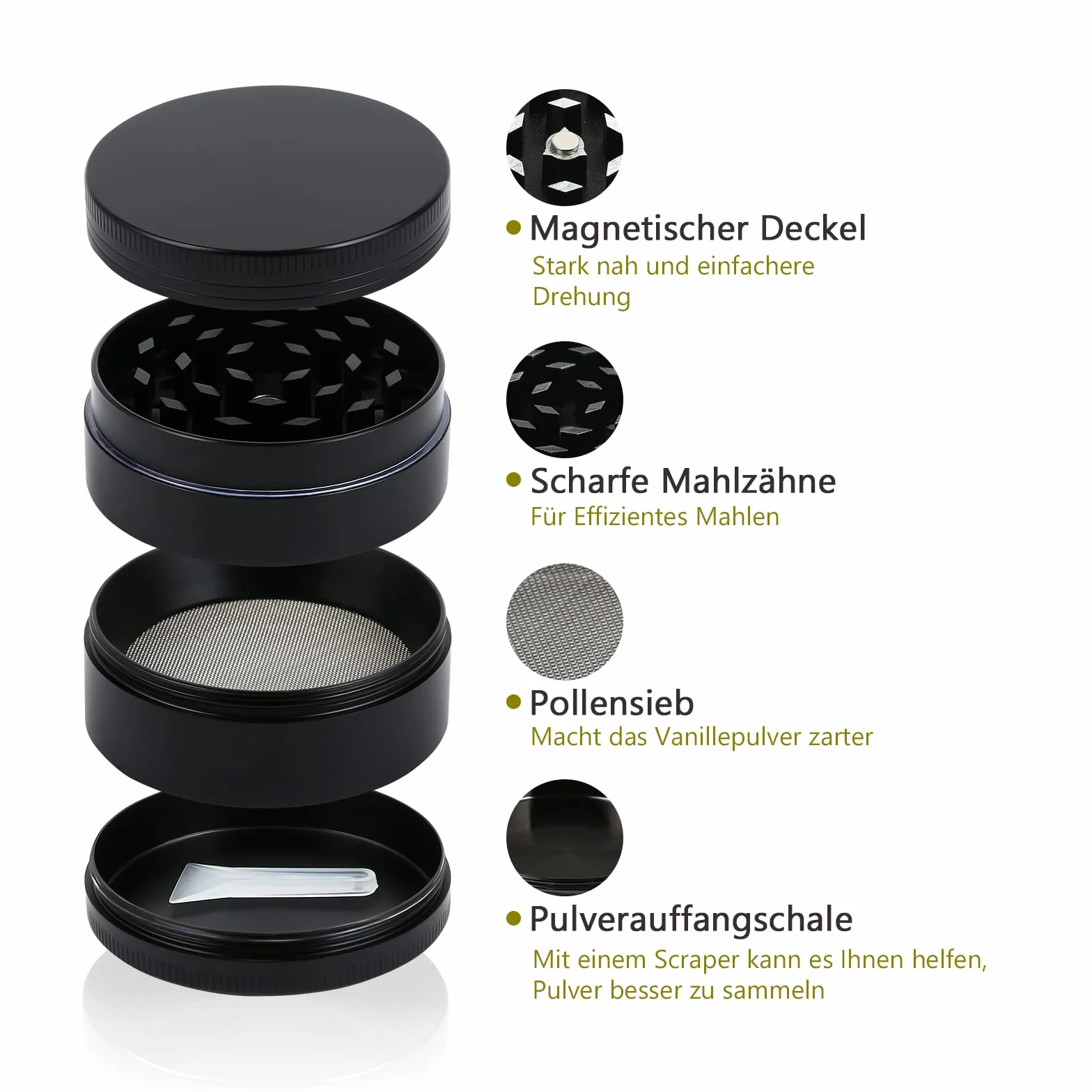 Bäcker & Lecker Pollen Grinder Crusher młynek do ziół, suszonych ziół, przypraw, ze stopu cynku, 4-częściowy zestaw ze skrobakiem do pyłków, czarny