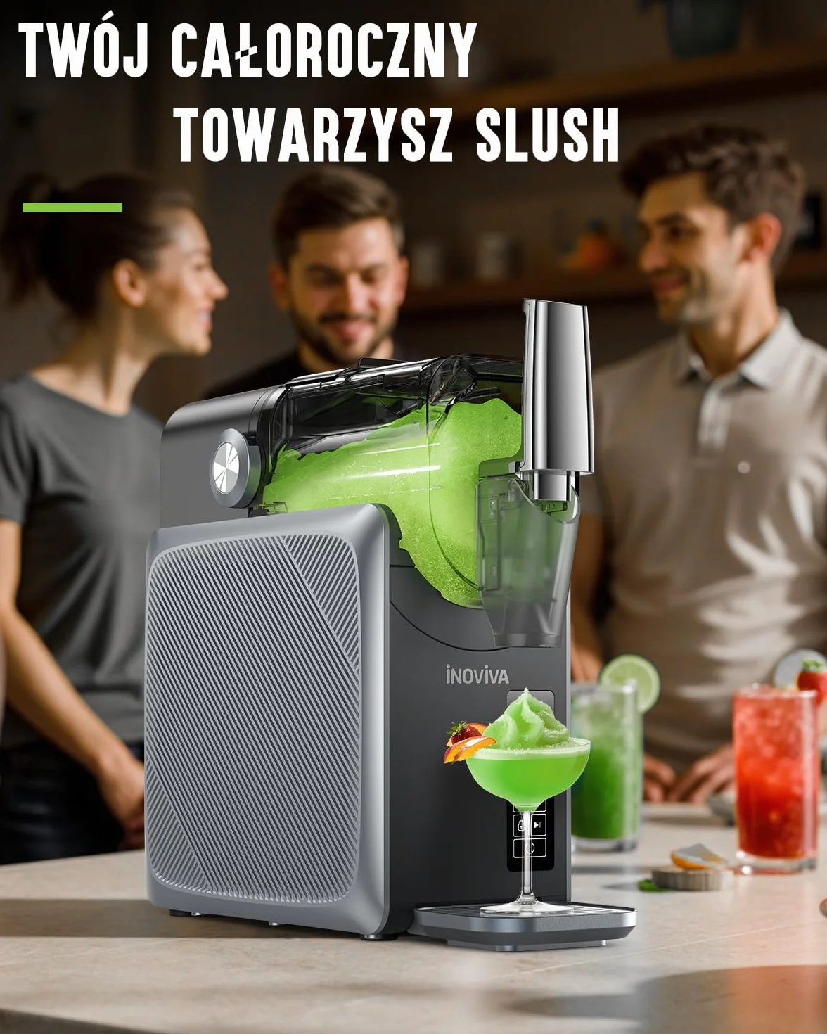 INOVIVA Slushie Machine, 2 l, No Ice Needed, samoczyszcząca, 5 wstępnie ustawionych programów, mrożone lody kruszone, margarity, frappé i koktajle mleczne (wersja S1.2)